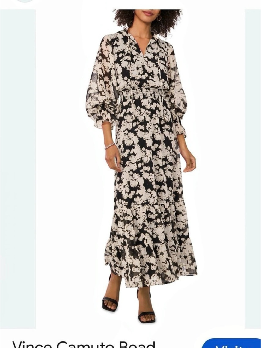 Vince Camuto Bead Detail Floral Long Sleeve Maxi Dress Maxi Dress Black & White